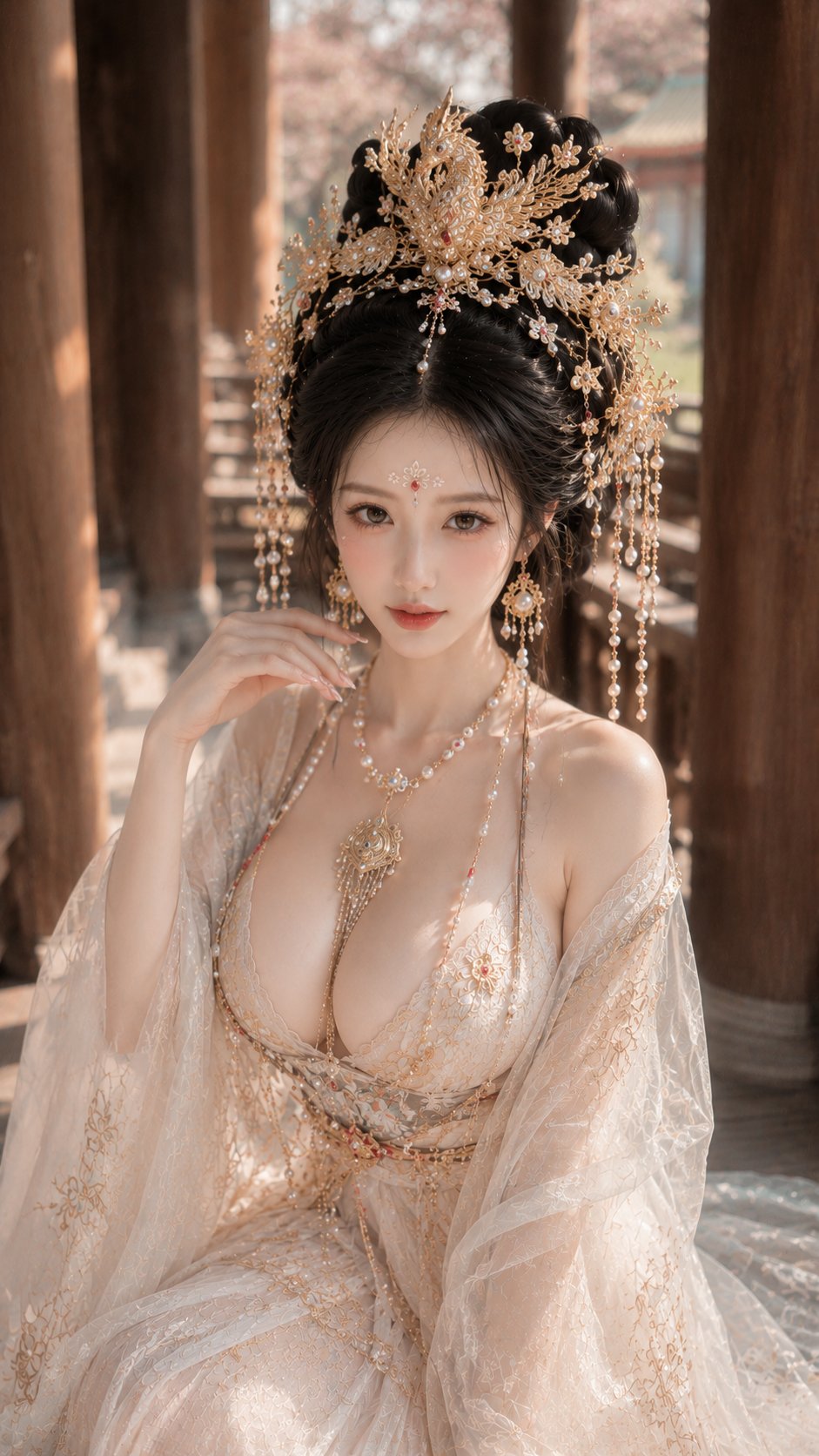 绝美古装女子坐于古亭中樱花飞舞