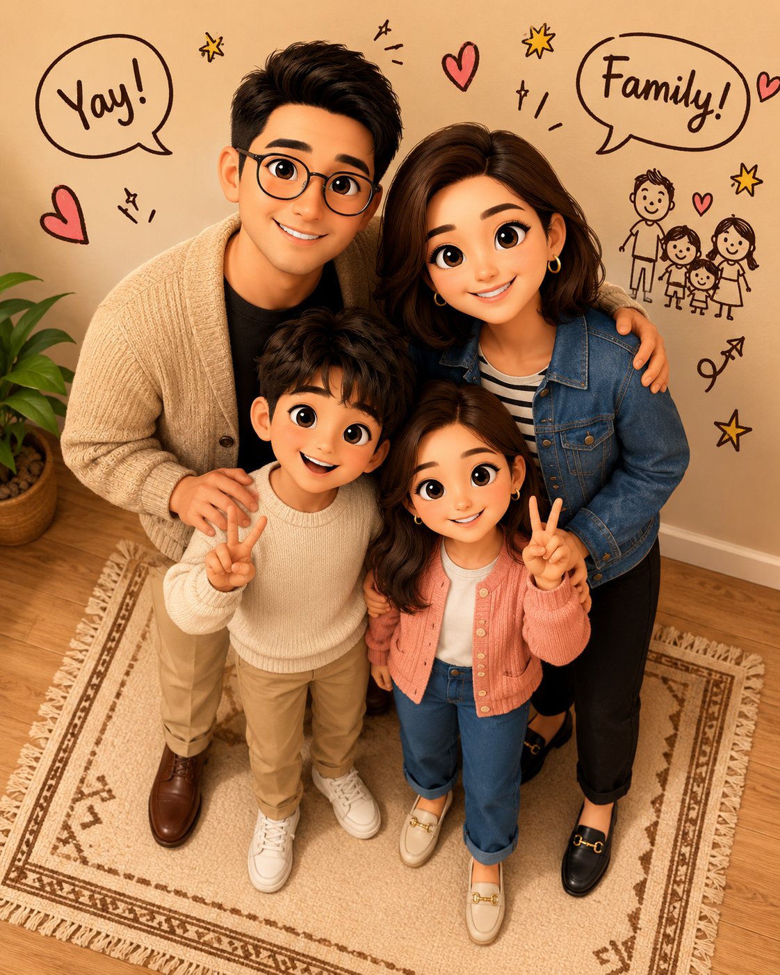 Premium 3D Animated Family Portrait with Doodles