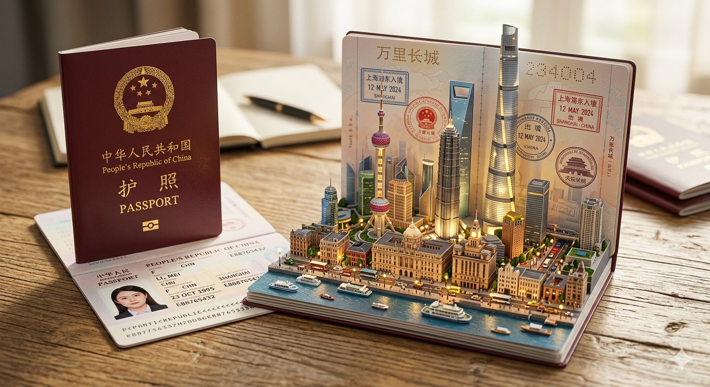 Chinese Passport Pop-up Shanghai Cityscape