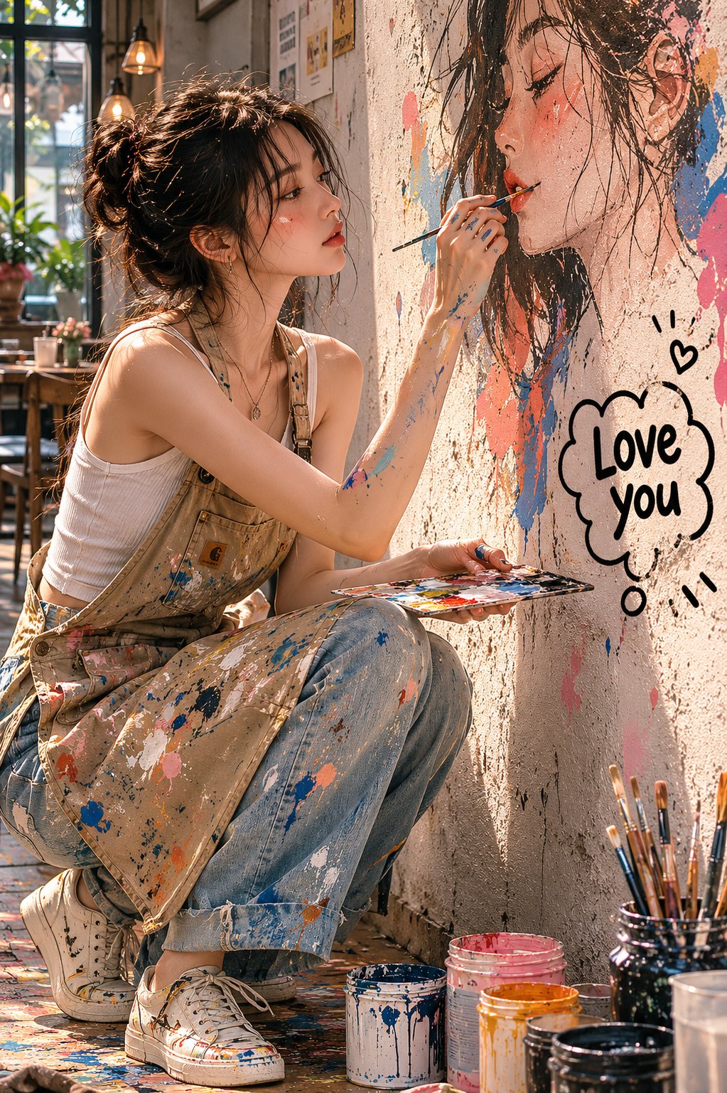 Woman painting mural portrait in cozy café