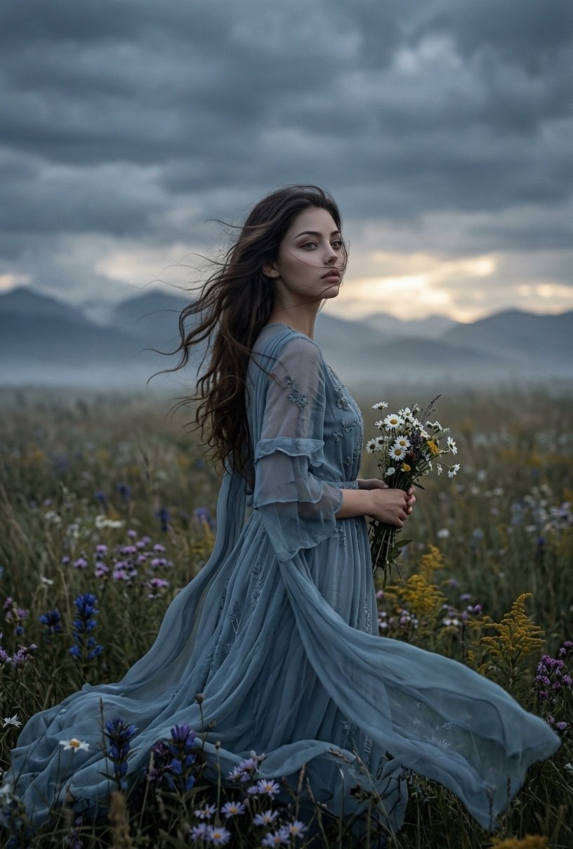 Dark Fantasy Meadow Portrait in Stormy Light
