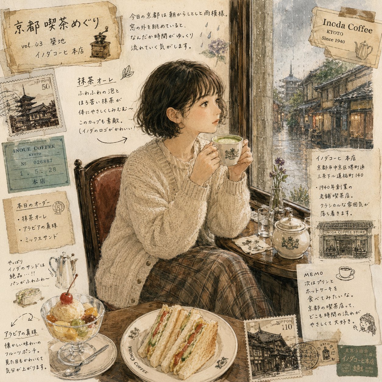 Kyoto Café Scene: Realistic & Illustration Styles