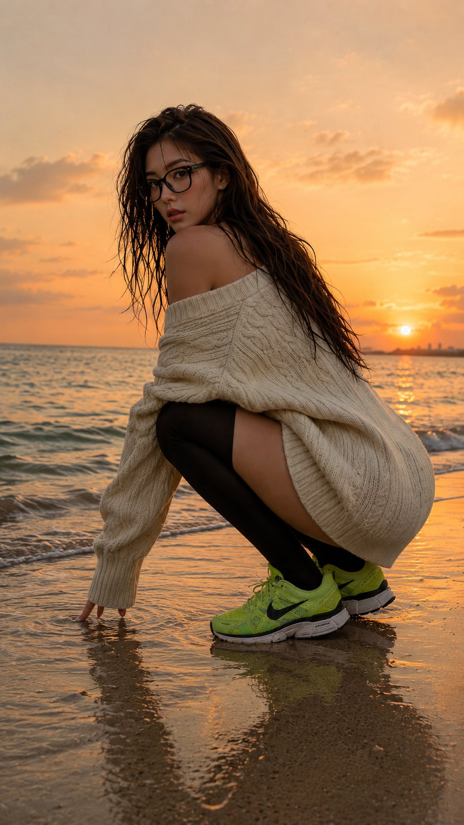 Seductive Asian Woman on Golden Beach at Sunset