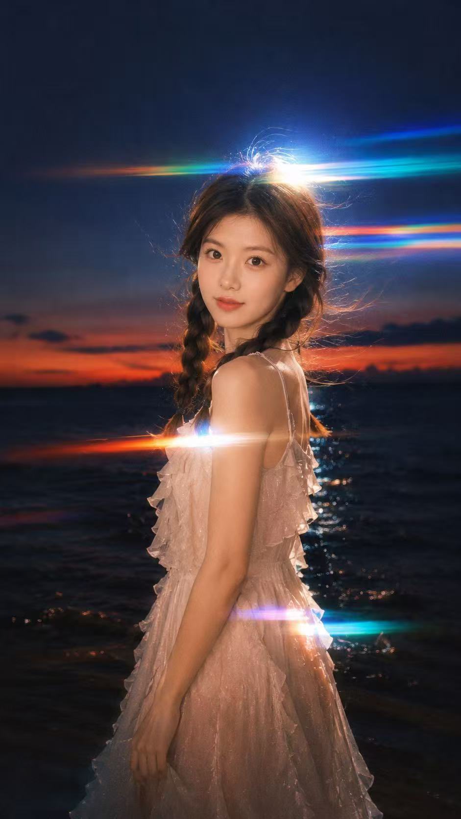 Hyper-realistic Night Portrait with Prism Light Leaks