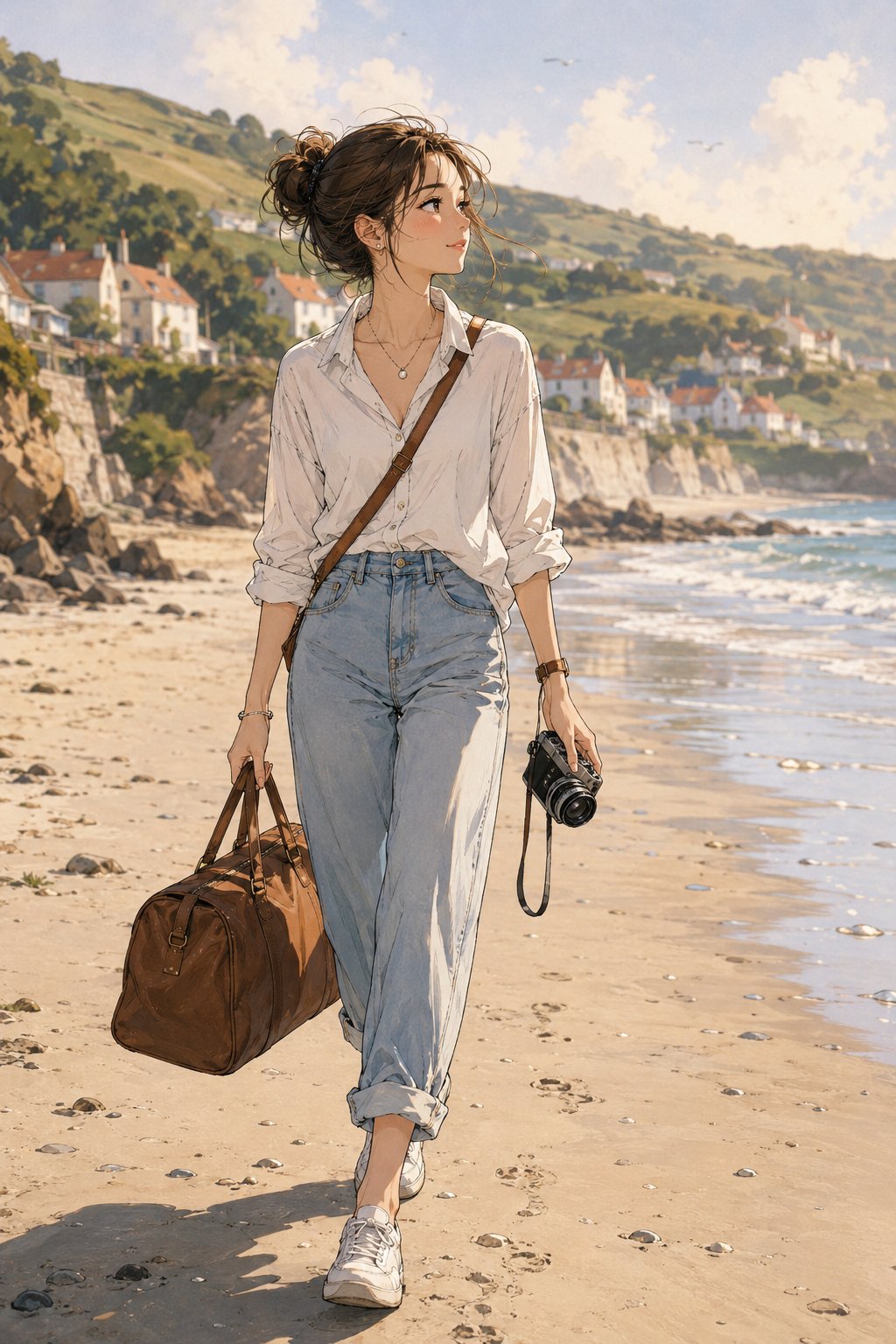 Young woman walking on sunny beach with vintage camera