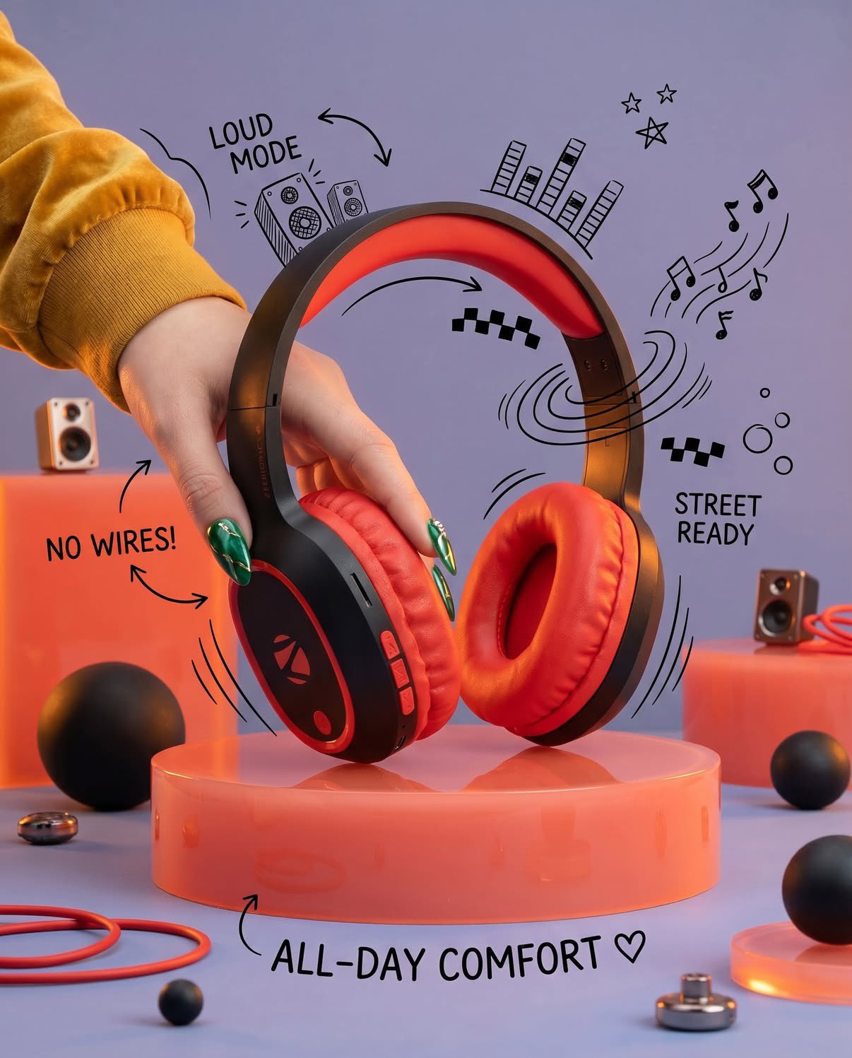 Ultra-realistic Wireless Headphones Neon Product Photography