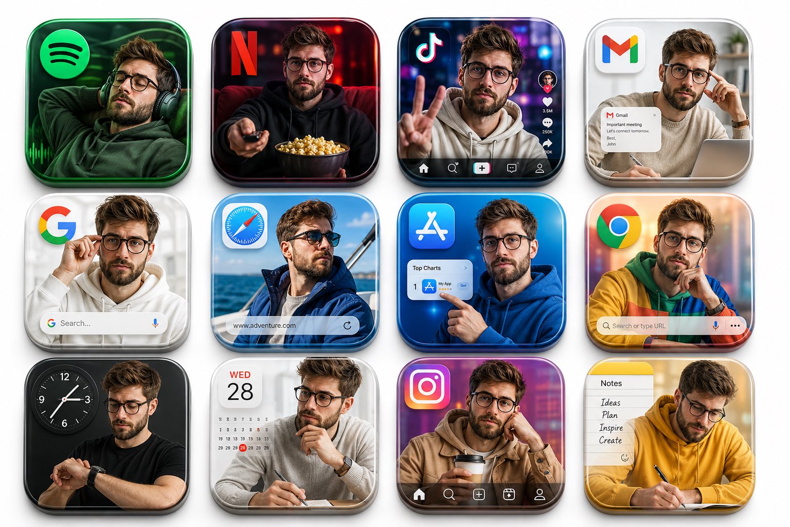 Premium 3D Grid of 12 App Icons