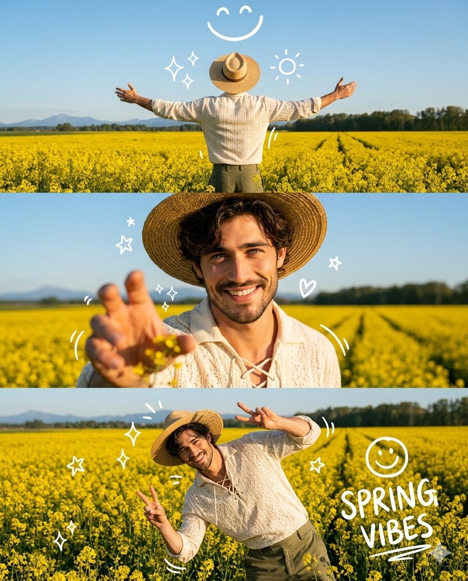 3-Panel Collage of Man in Mustard Field