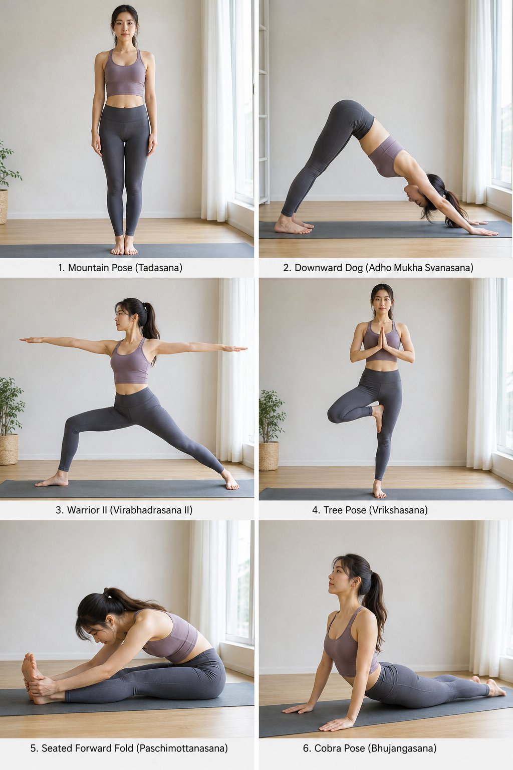 Six Yoga Poses in a Clean Grid