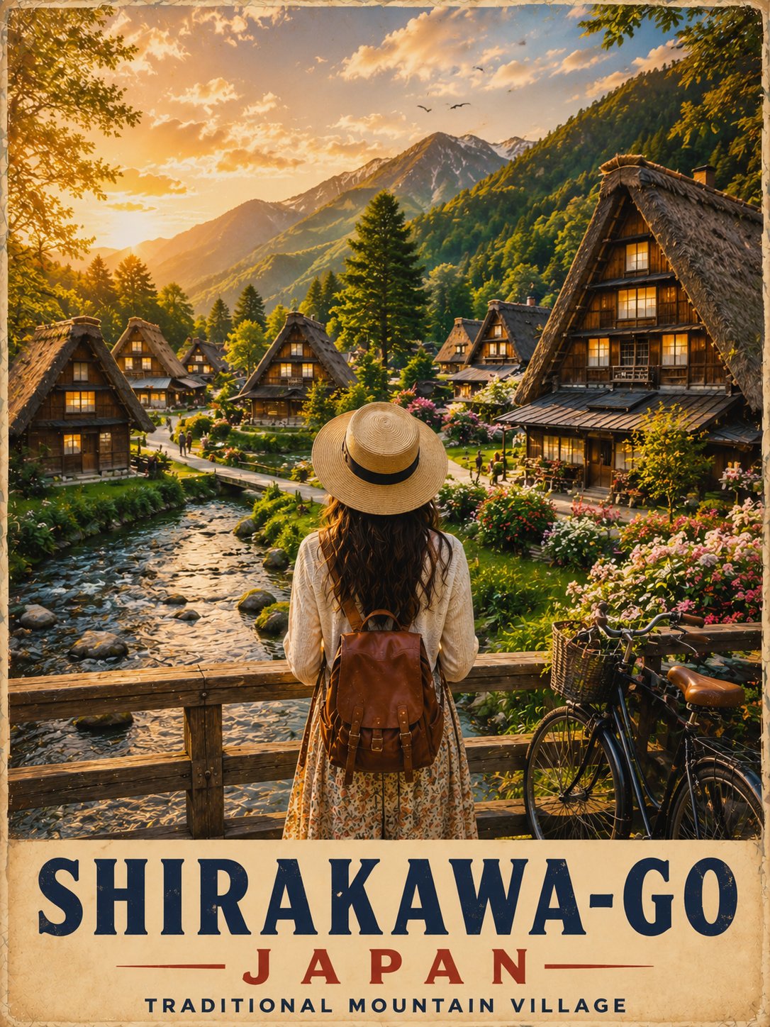 Vintage Travel Poster of Shirakawa-go Japan