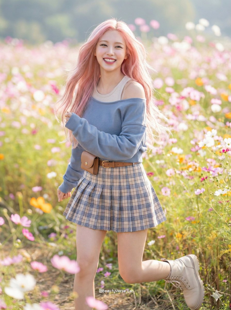 Cute K-pop girl running in flower field