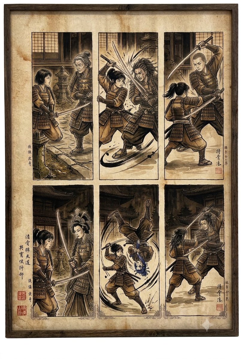 Comic / Storyboard - Samurai fight scene ukiyo-e triptych