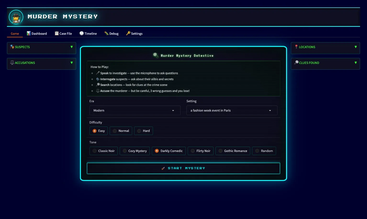 Mystery game interface